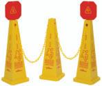 QUAD-CONE SYSTEM This all-inclusive system contains three 3 yellow Quad-Cones, one 2" x 20' yellow Barrier Chain and two red Lock-On Warning Signs, to create an entire floor safety system.