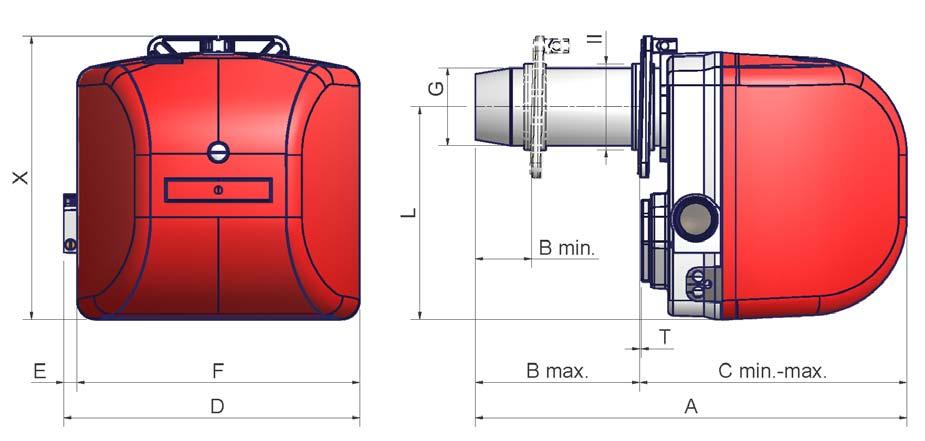Overall dimensions (mm) 6 Burner flange Boiler plate drilling template A B C D E F G H K L M N O P T X C.I.B. UNIGAS - M039136CC Blast tube min.