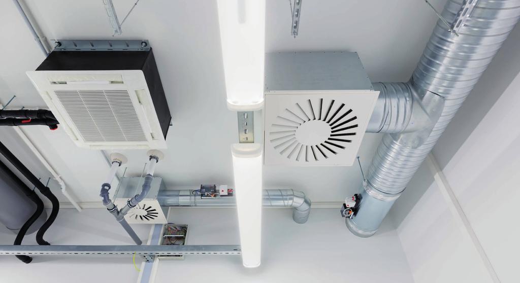 The fan-powered VAV is built the same as the traditional, but it also contains a fan which is triggered when the area reaches optimal temperature or the damper is 50% closed, providing additional air