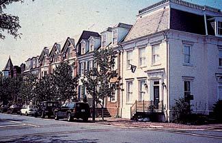 Single-family townhouses, serving as the primary building fabric of the development, line the east-west residential streets and form the main character and image of the neighborhoods.