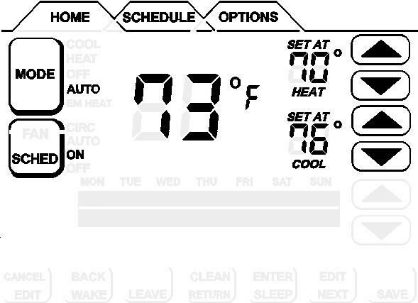Home Screen Current Conditions & Temperature Settings COOLING TUE OCT 23 1:15PM The HOME screen (figure 2) displays indoor temperature and outdoor temperature if the outdoor sensor is installed.