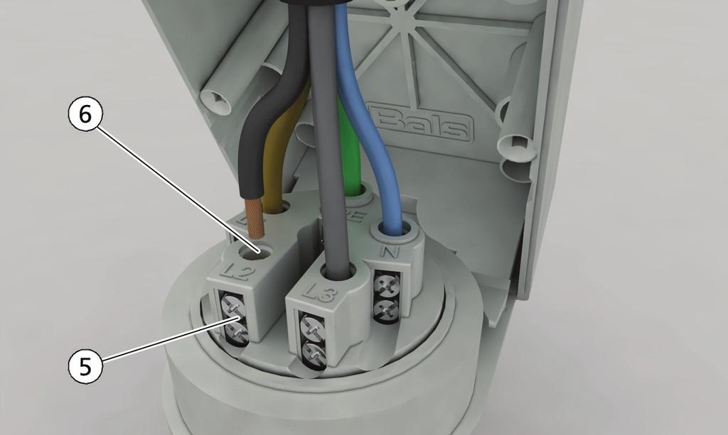 7. The terminals are open at the time of delivery. Guide the bare individual conductors into the opening (6) and tighten the screws (5) with a torque of at least 0.8 Nm.