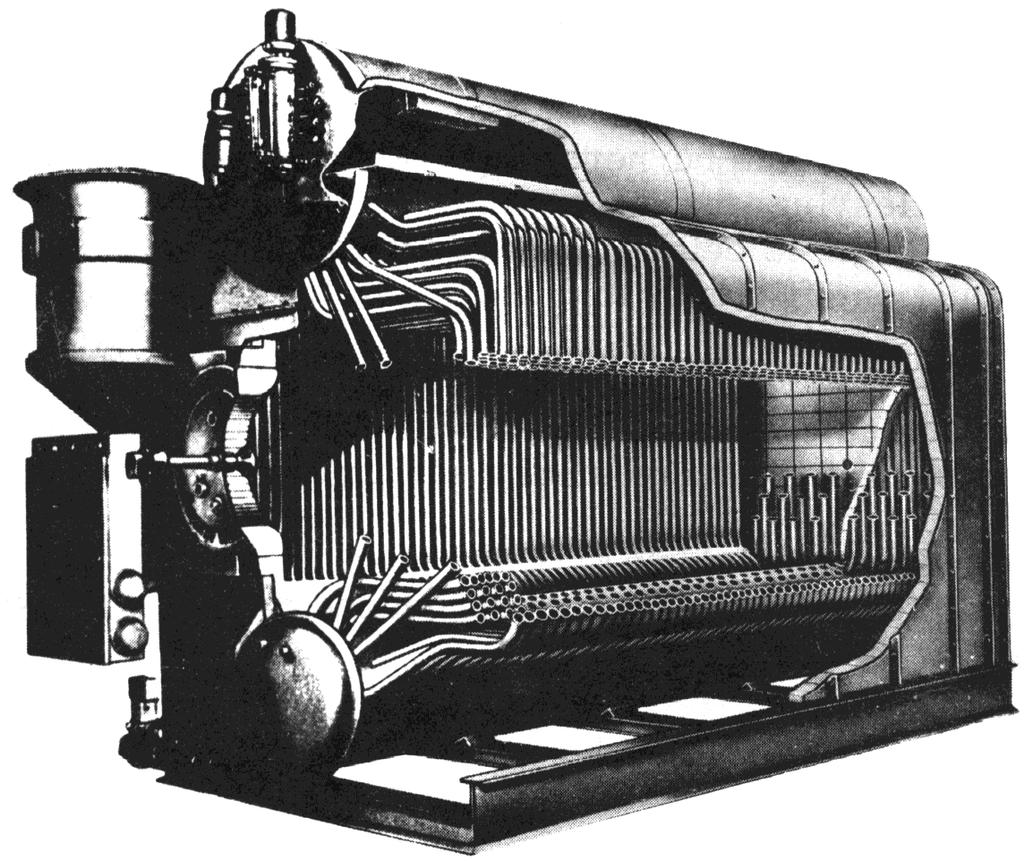 The O type boiler, Fig. 13, has an upper and a lower drum.