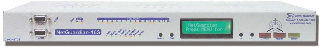 NetGuardian-16S Reach Through 16 Ports With 16 serial ports, integrated local audiovisual notification, two separate NICs, powerful alarm collection, and versatile alarm reporting via SNMP Trap,