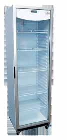 glass door chiller with hinged door and lockable castors for easy movement Fully automatic operation Self-closing door Food safe plastic interior 5 plastic coated shelves + base Integrated grab