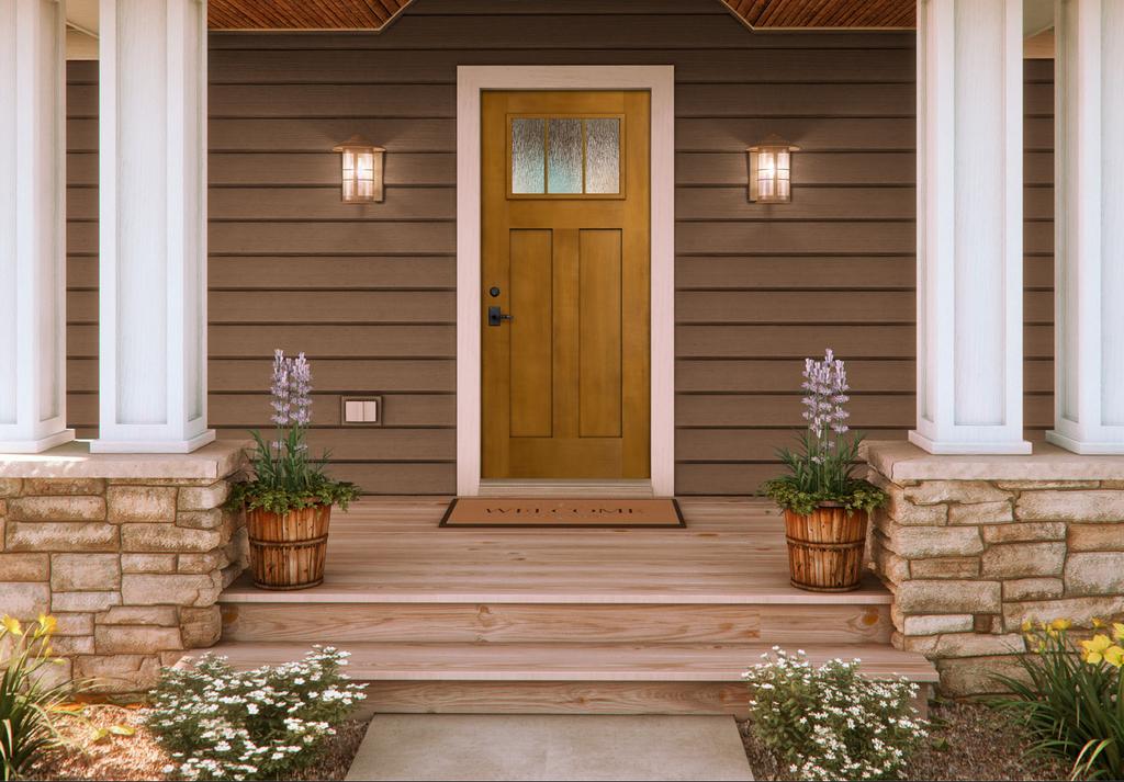 BEYOND WOOD Modern Craftsman entry doors are depicted mainly as wood doors. Wood is beautiful and striking. If you have concerns about longevity, consider fiberglass.