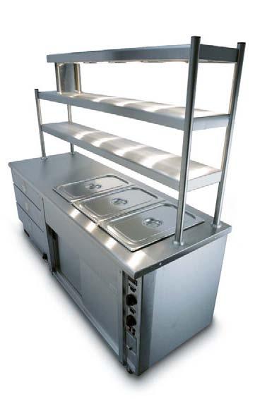 Kitchen Servery Gantries When combined with Peer or Sceptre Hot Cupboards the one, two or three tier over shelves, detailed below, form a highly practical kitchen servery or pass.