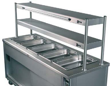 Features 305mm wide heavy duty stainless steel shelves securely fixed to hot cupboard top. Integral wired to MCB within hot cupboard. Option of rocker, dimmer or auto-off switch to gantry lights.