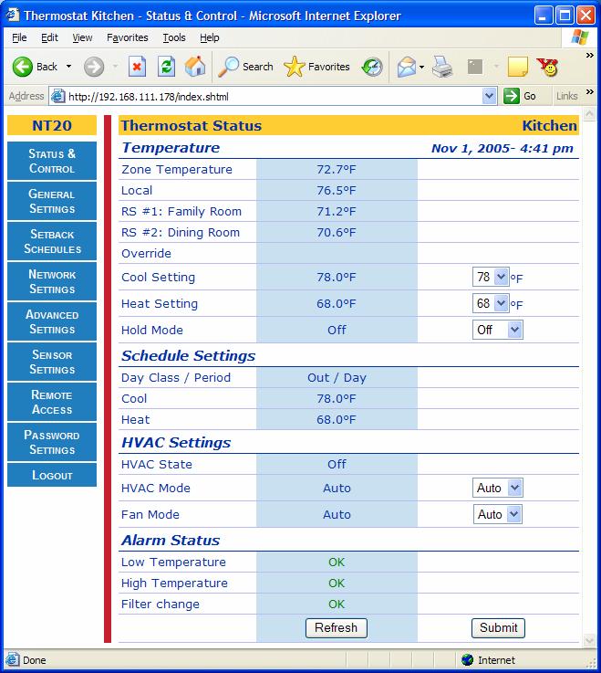 Rev 2.5 Page 25 of 56 Status & Control Page The Status & Control Page is the default page viewed by the user as the thermostat is initially accessed after authentication.
