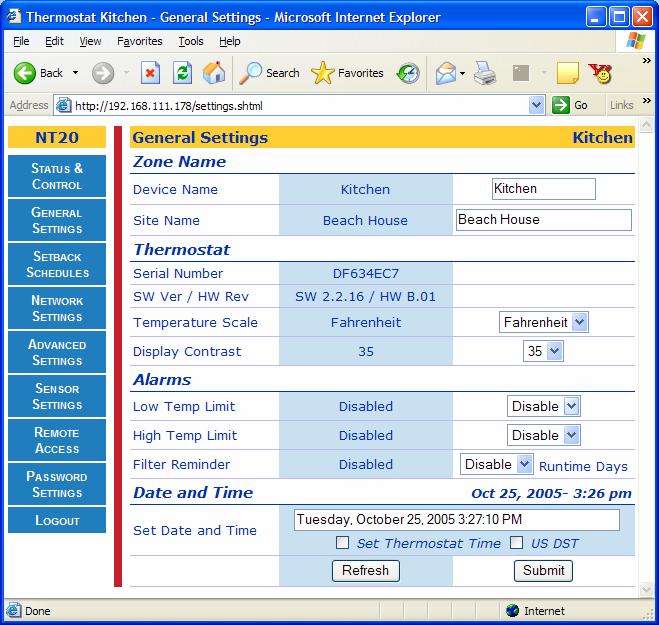 Rev 2.5 Page 29 of 56 General Settings Page The General Settings Page contains parameters and settings which personalize the thermostat for the user.