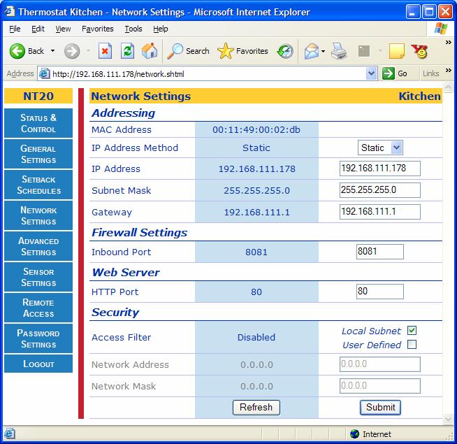 Rev 2.5 Page 42 of 56 Network Settings Page The Network Settings Page allows the user the ability to configure the approriate network parameters specific to the user s local network.