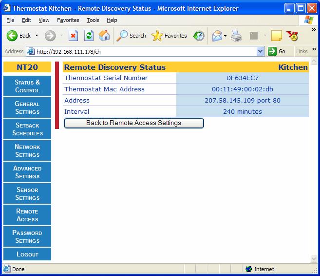 Rev 2.5 Page 53 of 56 Remote Discovery Status Page After the Discover Now button is pressed (and the Remote Discovery State is enabled) on the Remote Access Page, the following status page appears.