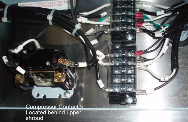 Compressor Trouble shooting continued Contactor & Terminal locate behind shroud in right hand picture Compressor Contactor Upper shroud is hinged a) Is the controller giving a digital reading?