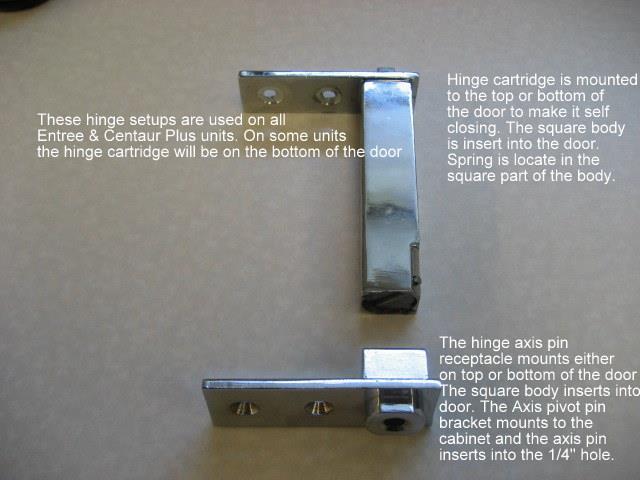 Doors and Hardware continued: Pictured (picture 1) below on the left is part of the hinge assemblies mounted to the door. Both inserted into a square openings in the top and bottom of the door.