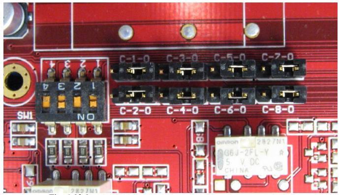 8 jumpers, numbered J16-J20 & J22-J24 and labeled RLY1-RLY8, can be set to configure the 8 control relays.