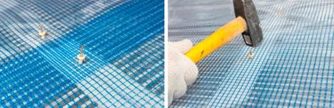 5-9 cm) between the heating film strips, drill right through the layers of plastic vapor barrier and thermal insulation and plastic mesh.