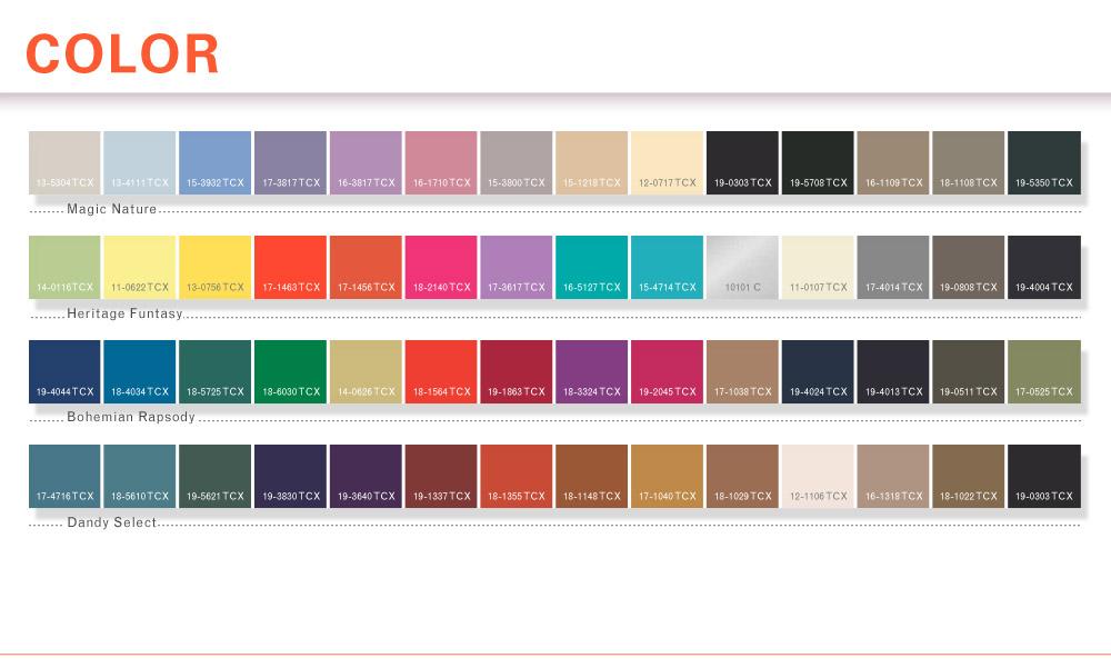 Based on the four show themes (see page 5), color ranges combine accent tones with basics.