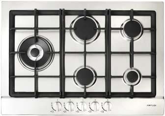 MODEL AGH70X COOKTOPS 70CM BUILT-IN MAXIMUS SERIES FIVE GAS BURNER COOKTOP WITH SIDE WOK GAS COOKTOP 5 gas burners 70cm wide Made in Italy Cast-iron trivets and enamel burner caps Stainless steel