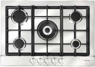 MODEL AGH71X COOKTOPS 70CM BUILT-IN MAXIMUS SERIES FIVE GAS BURNER COOKTOP WITH CENTRE WOK GAS COOKTOP 5 gas burners 70cm wide Made in Italy Cast-iron trivets and enamel burner caps Stainless steel