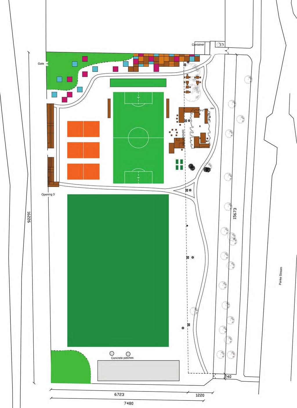 Site Plan 5 m 15 m 25 m SCALE 1:500 TIERED SEATING VEGETATION VOLLEYBALL COURTS FITNESS AREA STEPPING STONE PLATFORMS FULL SIZE FOOTBALL PITCH (50x75m) FUNCTIONAL BUILDING (CHANGING ROOMS ETC) SPORTS