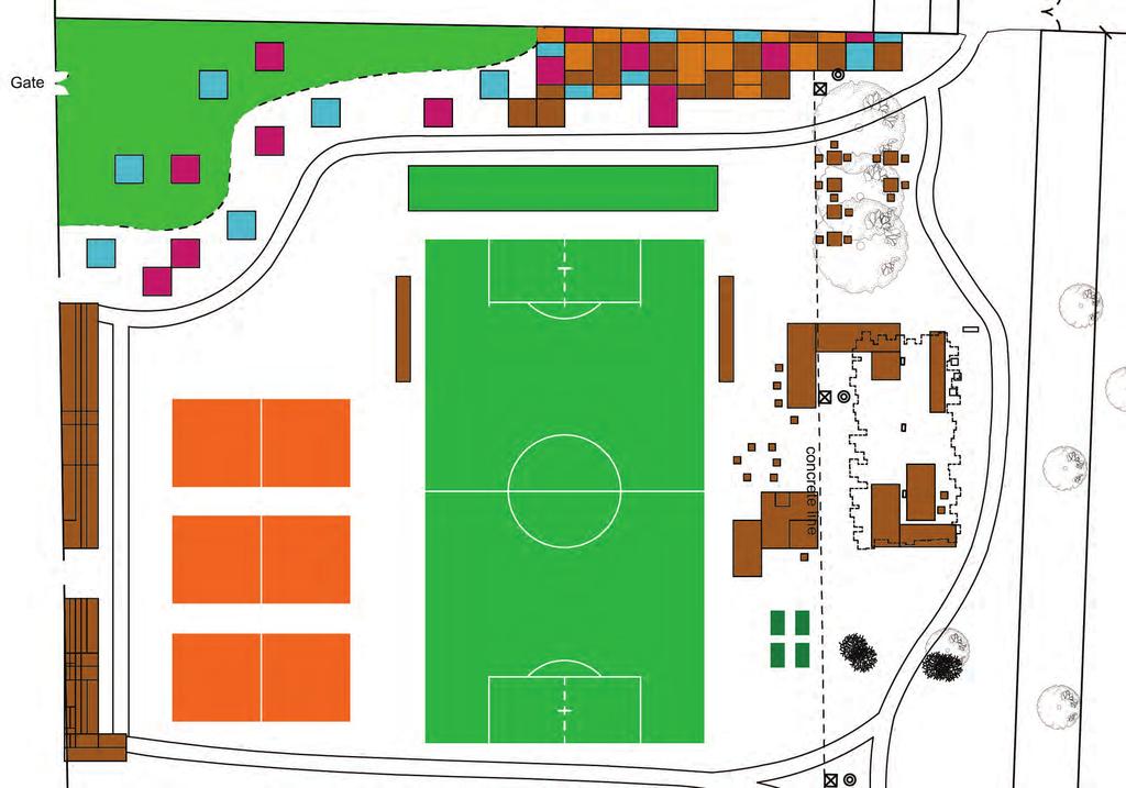 PLAN SCALE: 1:250 TIERED BLOCK SEATING ART MURAL & COMMUNITY NOTICE BOARD VEGETATION STEPPING STONE PLATFORMS BOULE FITNESS AREA OPEN FLEXIBLE SPACE FOR COMMUNITY USE (MARKETS, PERFORMANCES,