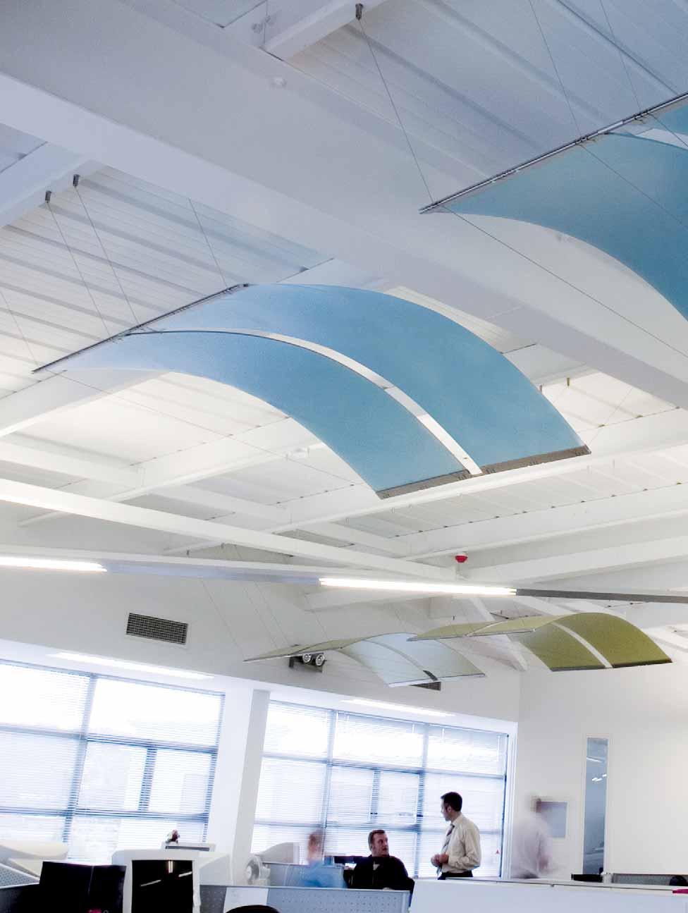 New Retrofit Acoustic Design Keep the building structure visible Highlight working areas with coloured