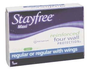 STAYFREE #8 SANITARY NAPKINS The only nationally advertised brand available for vending. Stayfree is a name women know and trust. 17609405 25025000 250/cs.