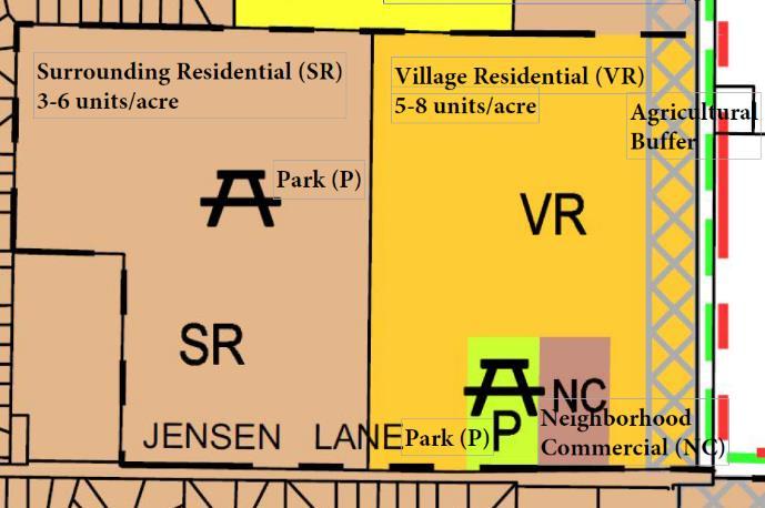 Proposed Park Potential School Site (approx. 10 acres) Surrounding Residential (3-6 units/acre) Village Residential (5-8 units/acre) Park 1296 Jensen Lane Estate Residential (0.2 3.