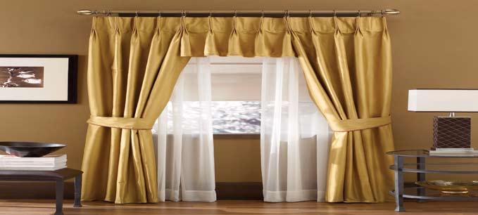 Drapery Panels Sheer Rod Pocket Panels Featured: Sheer Rod Pocket Panels in Crepe color Ivory Parisian Pleat Panels and Valance in Silk color Gold Plain Roman Shade in Wilmington, Cream