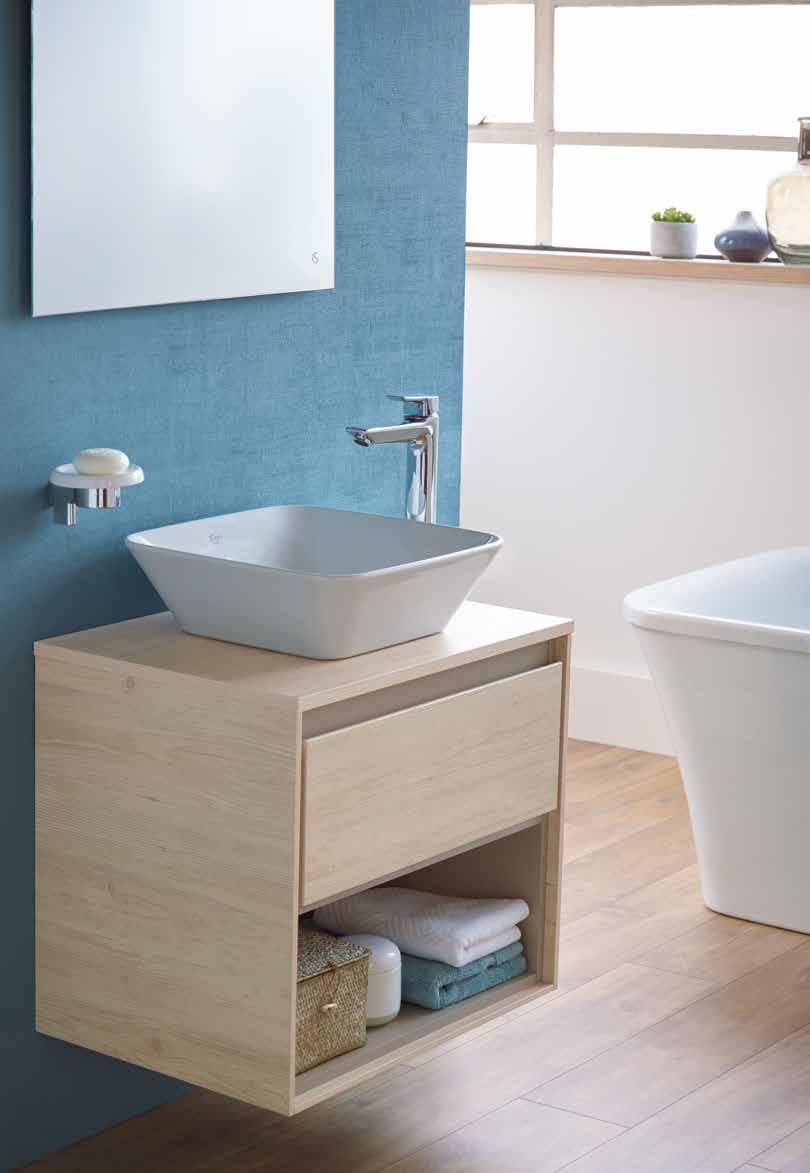 Products featured: 40cm vessel basin with 60cm wall hung vanity unit with one drawer and one open shelf in
