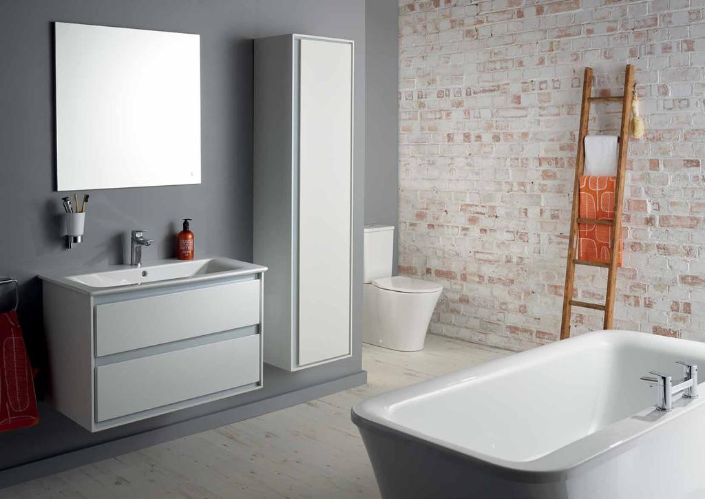 6 7 Products featured: 104cm vanity basin with dedicated furniture unit and full column unit in Matt Grey finish.