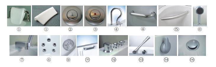 Pneumatic switches for air pump or massage pump (3). Pneumatic switches for heater (if applicable) (4). Safety grab bar (5). Waterfall tub filler (6). Hand-held shower head (7).