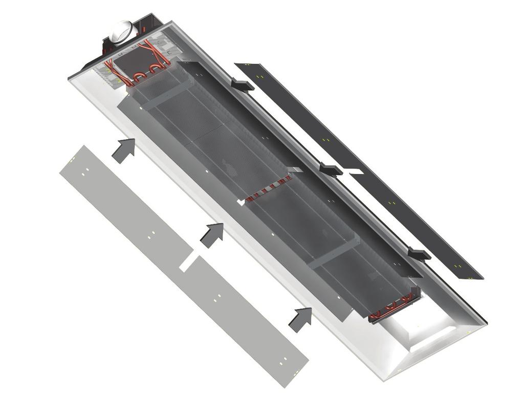 The beam can be attached directly to the ceiling surface (H1 = 220 mm) or suspended using threaded drop rods (8 mm). Each beam is equipped with movable brackets fixed to both sides of the beam.