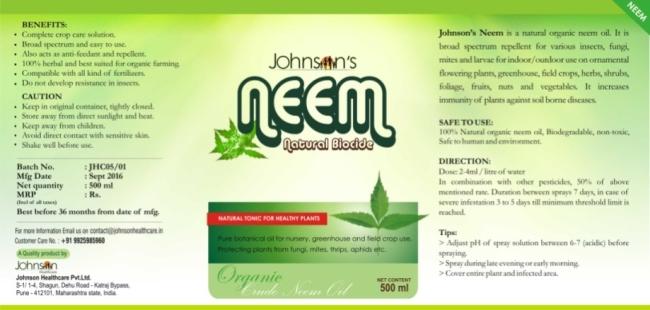 Johnson s Neem Natural Biocide Advantages Complete Crop care solution. Broad Spectrum and easy to use. Best Repellent and antifeedant action. 100% Herbal and best suited for organic farming.
