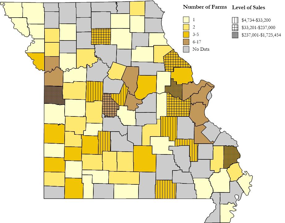 Counties with the most nursery operations that had area in production during 212 were St. Louis County, 17 operations; Jackson County, 1 operations; and Jefferson County, nine operations. Exhibit 7.