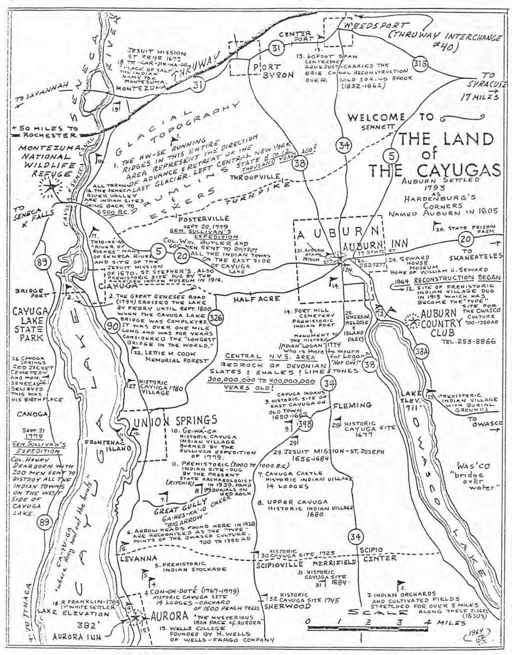 Land of the Cayugas map created in 1964 showing locations of some Haudenoshaunee villages, sites and orchards in the vicinity of the Town of Scipio