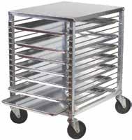 26-1/8"D x 31-5/8"H Sheet Pan Truck 14 gauge 6063 aluminum with 1" extruded aluminum tube frame Full swivel casters, 5" diameter x 1-1/4" width Capacity is 54 full-size (18" x 26") or 108 half-size