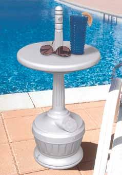 Includes 15" D removable table Discreet and functional; perfect pool furniture Galvanized pail liner makes maintenance easy
