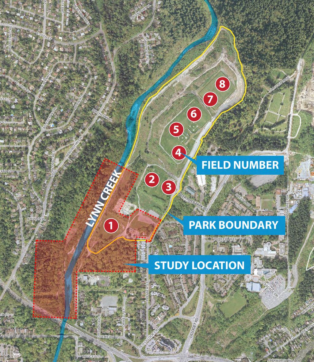 Project Background Study Area The study area is located at the south end of, and includes Field #1, as well as surrounding wetlands, forests, roads/parking, trails and the District nursery and