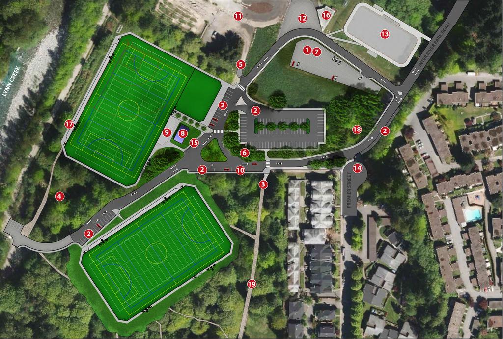 Artificial Turf Field LEGEND 1) Existing parking 2) Proposed parking areas (162 total - 150 ninety degree / 12 parallel) 3) Existing trail entrance 4) Existing sedimentation pond FIELD I 5) Service