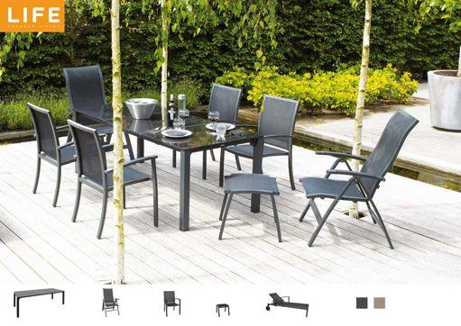 luga Dining in a comforable way for a long time without maintenance Luga table Fabri adjustable Fabri dining Fabri hocker Zeno sunlounger Colours 70x90cm 140x90cm