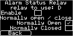 Alarm Status Relay Enable relay D as the alarm status indicator which if any pin Inputs (enabled) are in an alarm state will change state depending what the default state is set to (default is