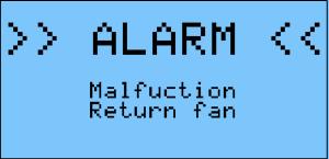 8.8 Alarm Display, Alarm Message and Warnings An alarm message will be generated, when the return and supply air fan reports a disruption.