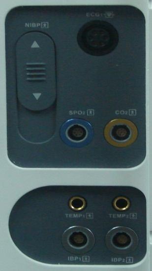 Right Panel On the right side of the monitor are sockets for each transducer 1 NIBP 2 SPO2 1 3 TEMP1 5 4 IBP1(optional) 5 ECG 6 CO2(optional) 7 TEMP2 8 IBP2(optional) 2 3 4 7 8 Figure 1-5 Right Side