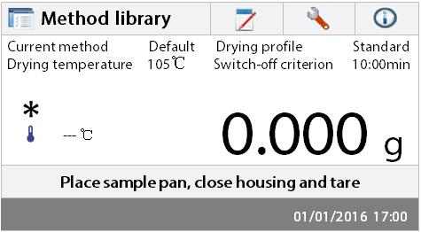 EN-14 5. MENU The Home screen appears after the moisture analyzer has been switched on. 1 2 3 4 Button area Current Method Results area 1. Method library: Change parameters and create new method. 2. Test results: Manage test results.