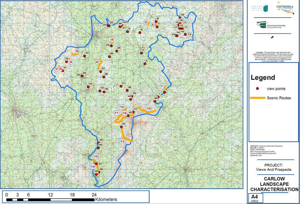 Carlow County Landscape Character Assessment and Figure 2 Extract from Carlow Views, Prospects and Scenic Routes [Cregan 2008] A Map showing Views [Red Dots] and Scenic Routes [blue squares] A