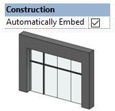 EMBED CURTAIN WALL By default, curtain walls will be embedded in a regular wall, like a window would.