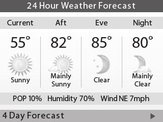 Weather Forecast Displays the current outdoor temperature and weather conditions for your registered location.