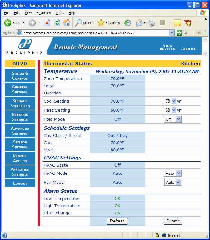 Rev 2.5 Page 11 of 12 TMI Page The Thermostat Management Interface (TMI) Page contains two components, the Remote Management Header and the thermostat TMI.