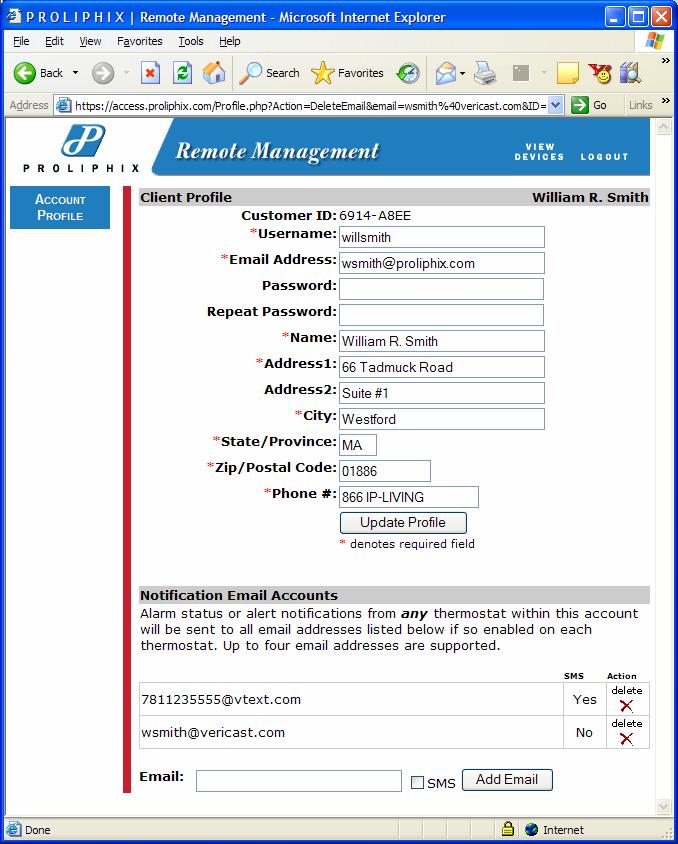 Rev 2.5 Page 9 of 12 Account Profile Page It is within the Account Profile Page that the user can change the account username and password.